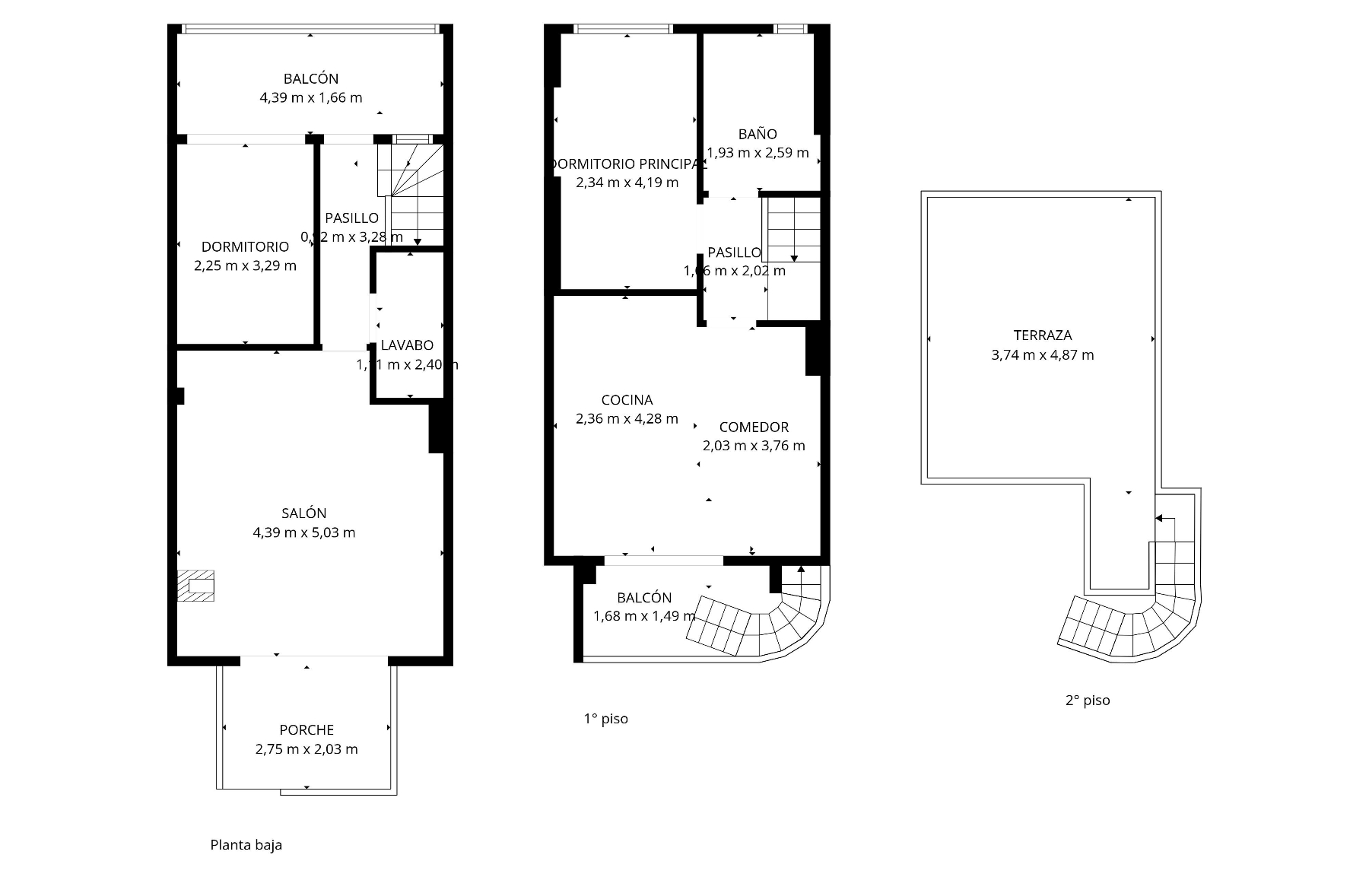 Detailed floor plan of a two-story townhouse with a rooftop terrace.