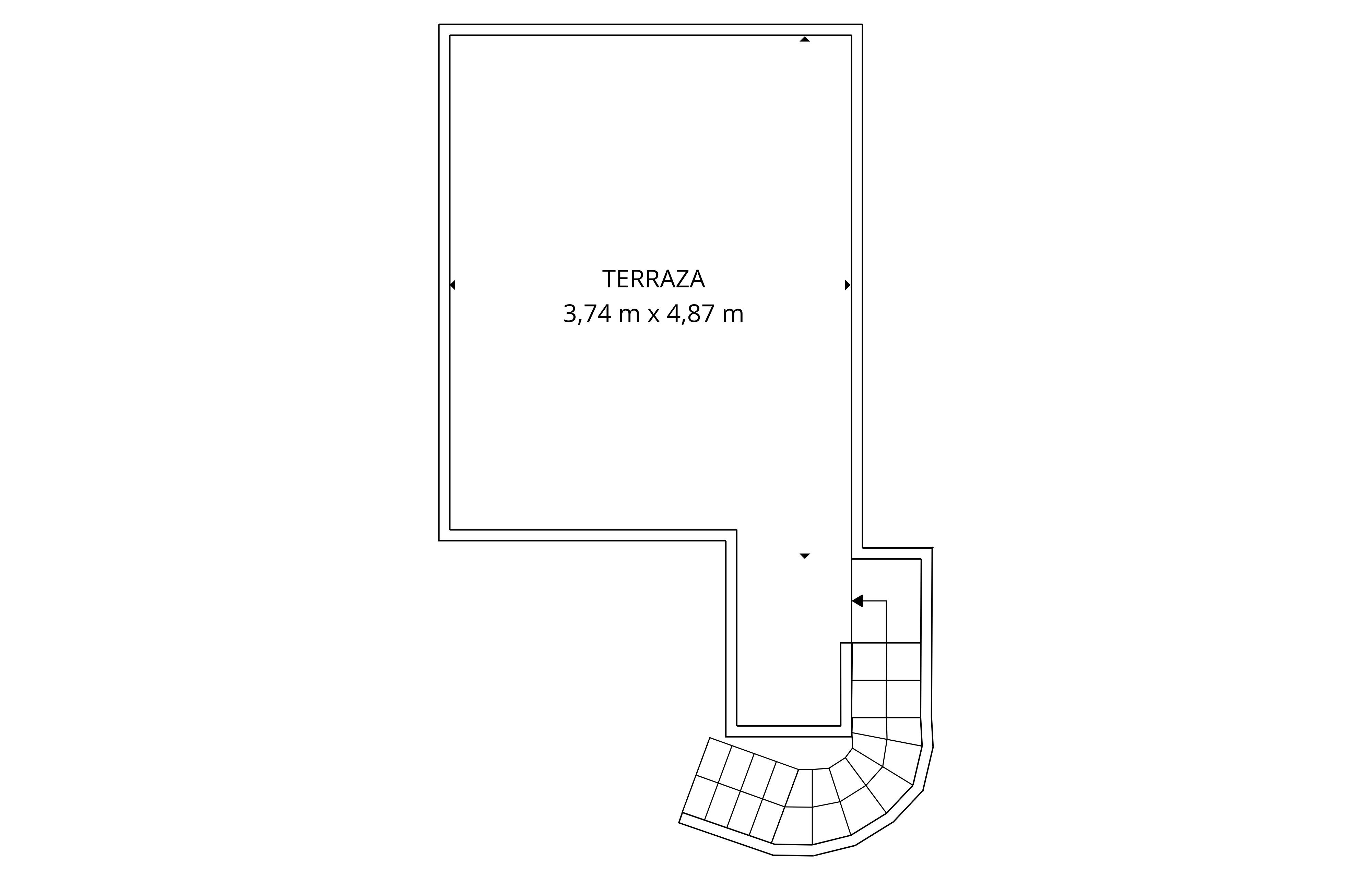 Technical plan of the 3.74m x 4.87m terrace with staircase access.