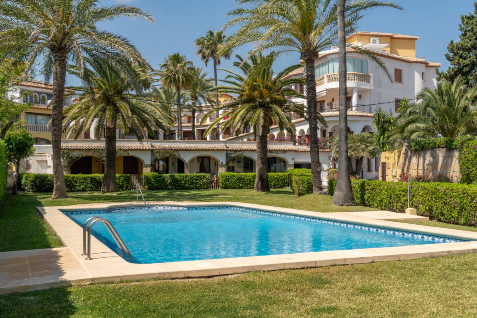Community pool with lawn and palm trees in a residential complex in Jávea.