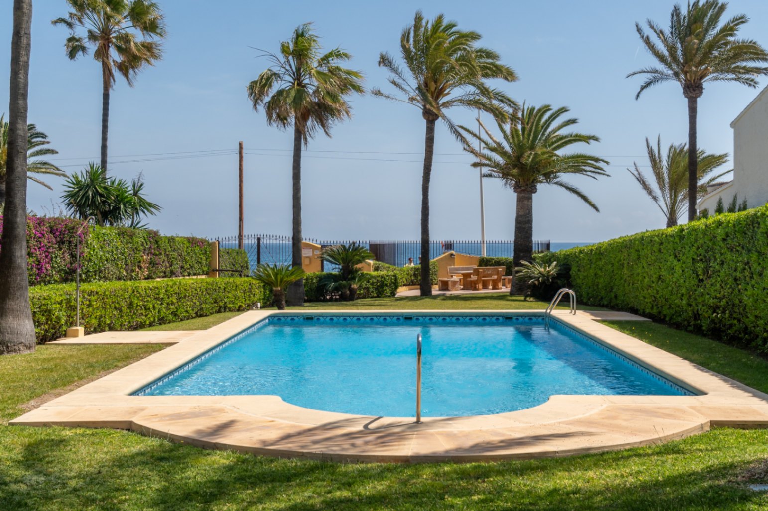 Community pool with stone border, surrounded by grass and green hedges in a Mediterranean garden.