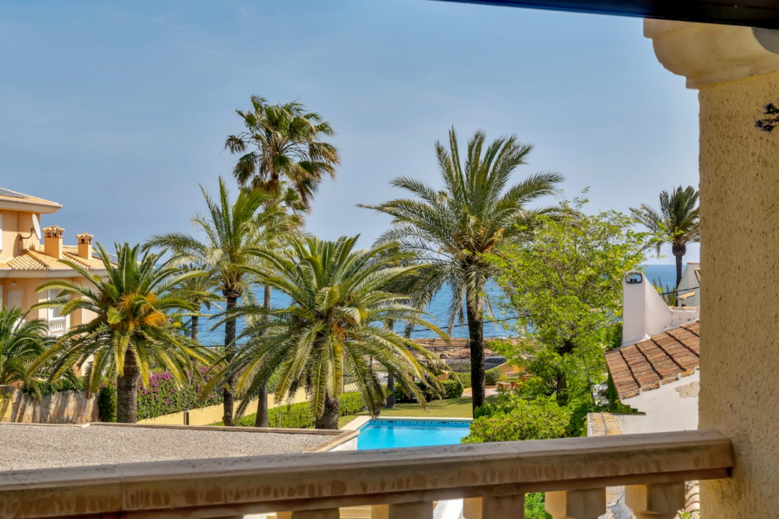 Terrace view of the communal pool and the Mediterranean Sea, framed by palm trees.