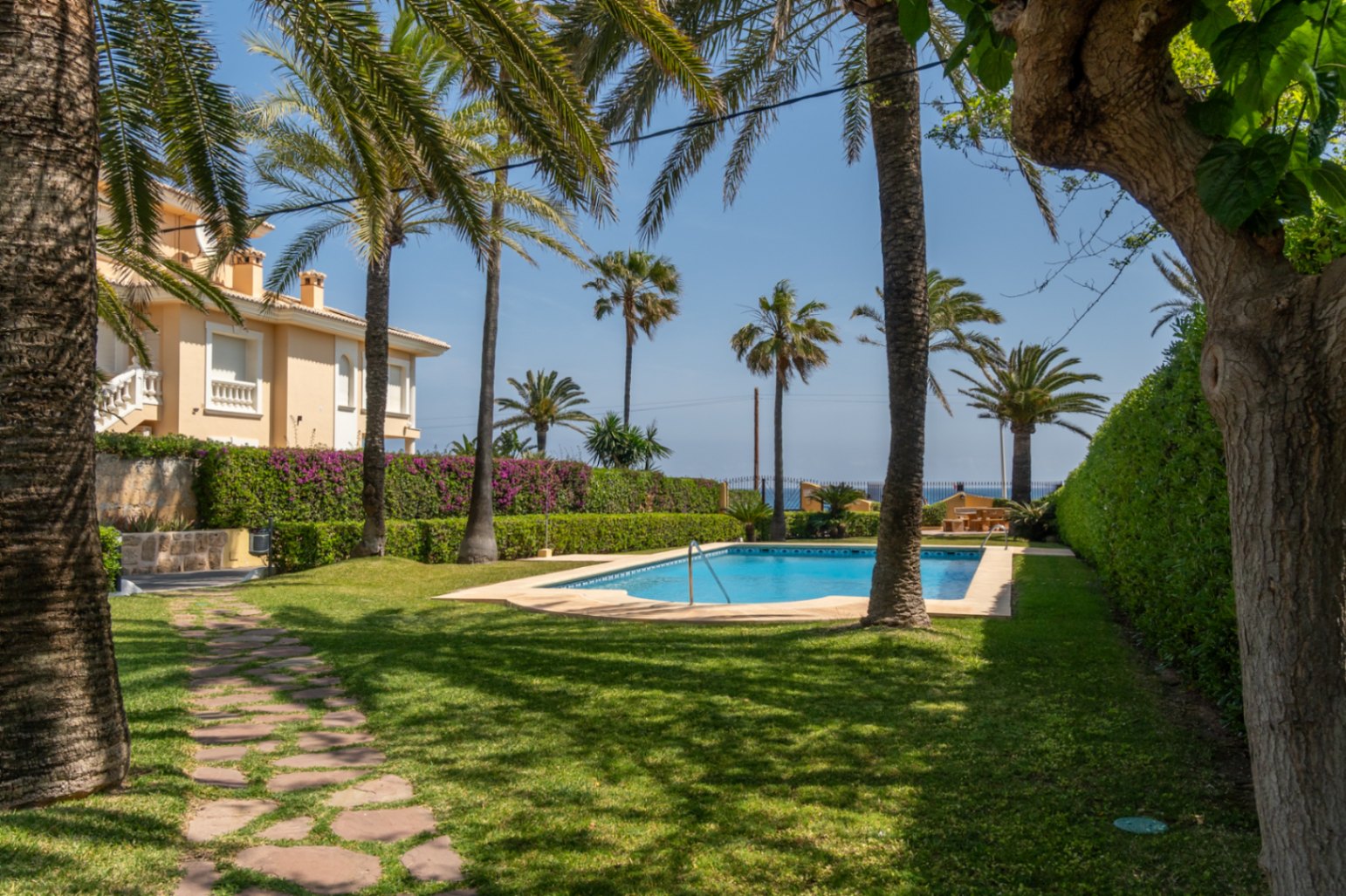 View of the communal pool surrounded by lawn and palm trees in a Jávea urbanization.