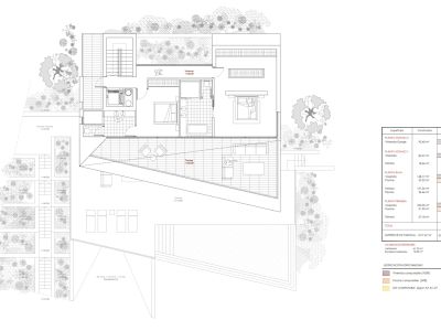 Detailed architectural floor plan of the villa, illustrating the layout of its four levels. It shows bedrooms, bathrooms, living room, kitchen, expansive terraces, outdoor pool, and the plot with its areas.