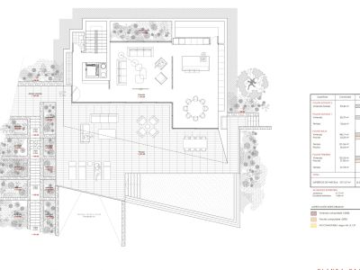 Detailed architectural floor plan showing the ground level with open-plan living, kitchen, extensive outdoor terraces, and a private pool.