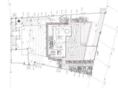 Detailed site plan of the villa, displaying plot topography, exterior layout with pool, garage access, and interior room design.