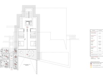 Ground floor plan featuring two en-suite bedrooms, an open-plan living-dining area, direct access to an outdoor terrace, pool, and terraced gardens.