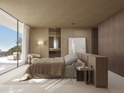 Master bedroom featuring floor-to-ceiling windows, panoramic sea views, and direct terrace access. Neutral tones, textured walls, and dark wood paneling define the space.