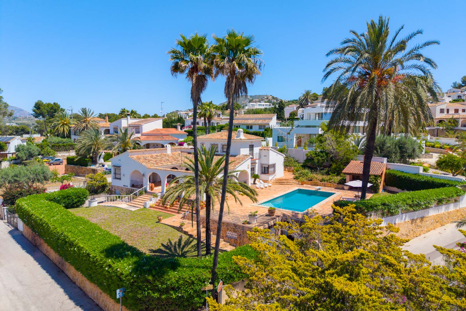 Aerial view of the villa with pool surrounded by gardens and palm trees.
