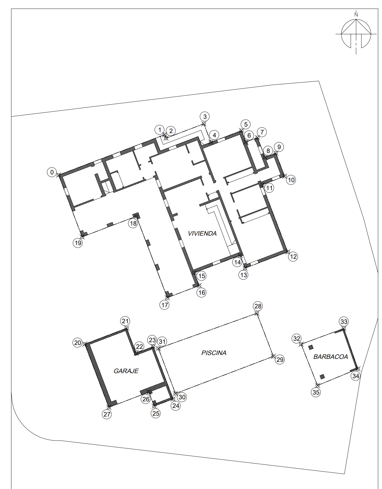 Architectural floor plan of the villa, showcasing the layout of the house, pool, garage, and barbecue area.