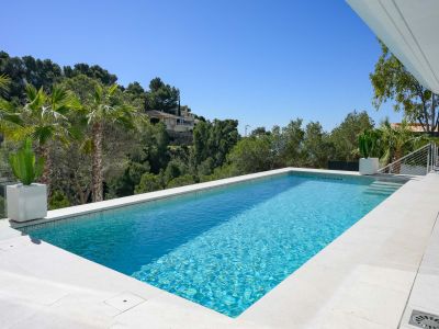 Rectangular swimming pool with light blue mosaic tiles and white stone coping, set against lush Mediterranean greenery under a clear blue sky.