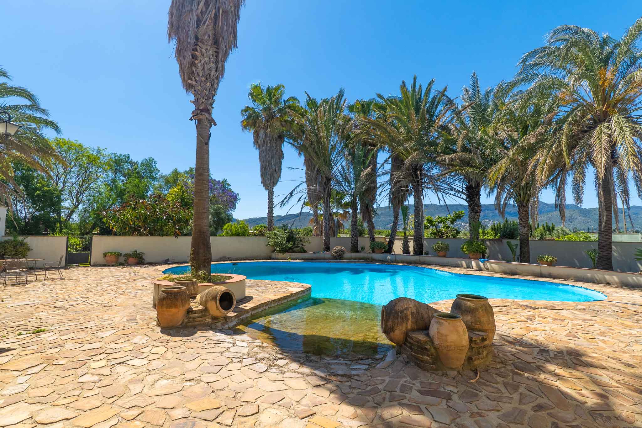 Freeform private swimming pool with flagstone patio, surrounded by mature palm trees and decorative terracotta elements, under a clear blue sky.