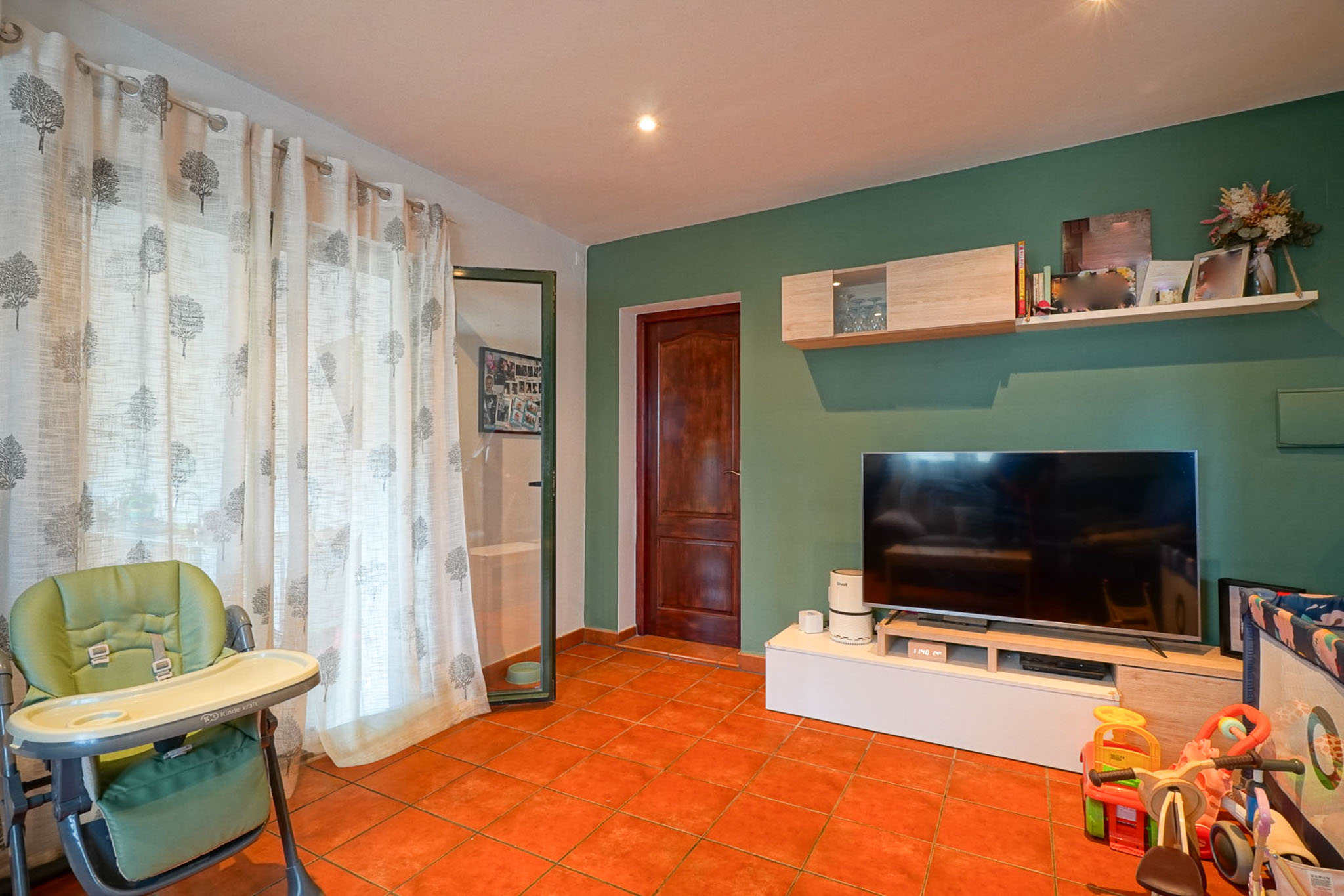 Living area featuring terracotta tiled floor, a green accent wall, and a TV on a modern console with floating shelves. A large window is dressed with white tree-patterned curtains.