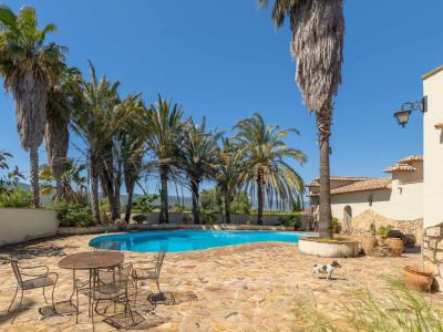 Free-form swimming pool with bright blue water, surrounded by palm trees and a flagstone patio. Wrought-iron furniture and a section of the villa's facade are visible.