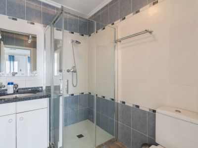 Bathroom with a dark speckled granite vanity top, a decorative mirror, and a glass-enclosed shower. Walls feature light beige and blue-grey tiles with a mosaic border.