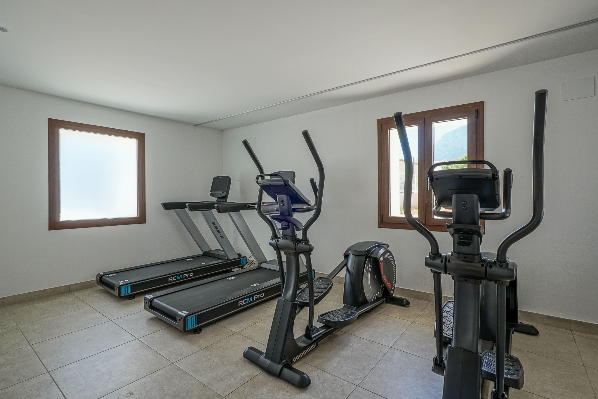 Residential gym featuring two BH RCM Pro treadmills and two elliptical machines. It has a tiled floor, white walls, and wooden-framed windows, one offering mountain views.