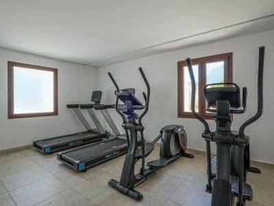Residential gym featuring two BH RCM Pro treadmills and two elliptical machines. It has a tiled floor, white walls, and wooden-framed windows, one offering mountain views.