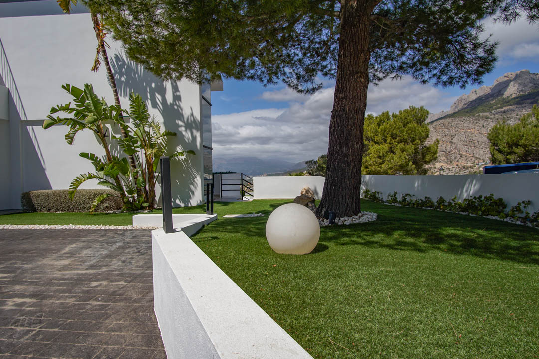 The villa's exterior features a paved entrance leading to an artificial lawn with a mature pine tree, a modern spherical light, and distant mountain views.