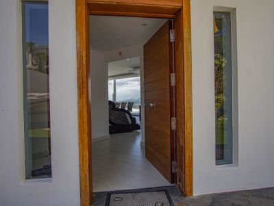 The open main entrance features a paneled wooden door and frame, flanked by vertical windows, offering a glimpse into the modern interior and distant mountain views.