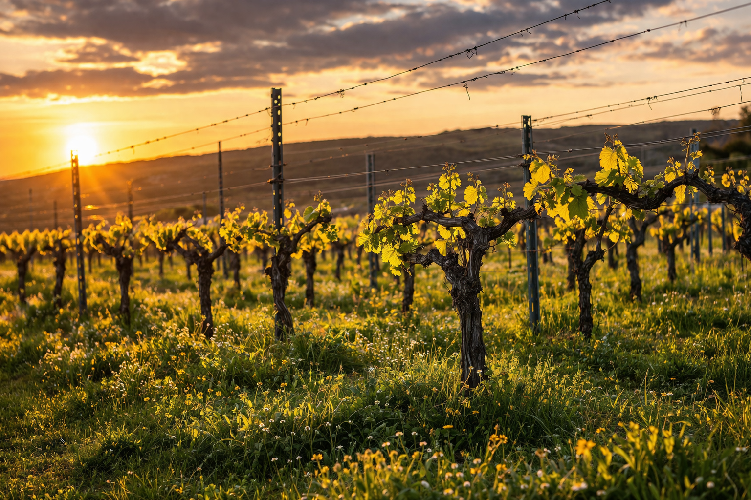 Golden hour light bathes the vineyard, highlighting vibrant young grape leaves on trellised vines and a carpet of green grass with small wildflowers. A warm sunset glows in the background.