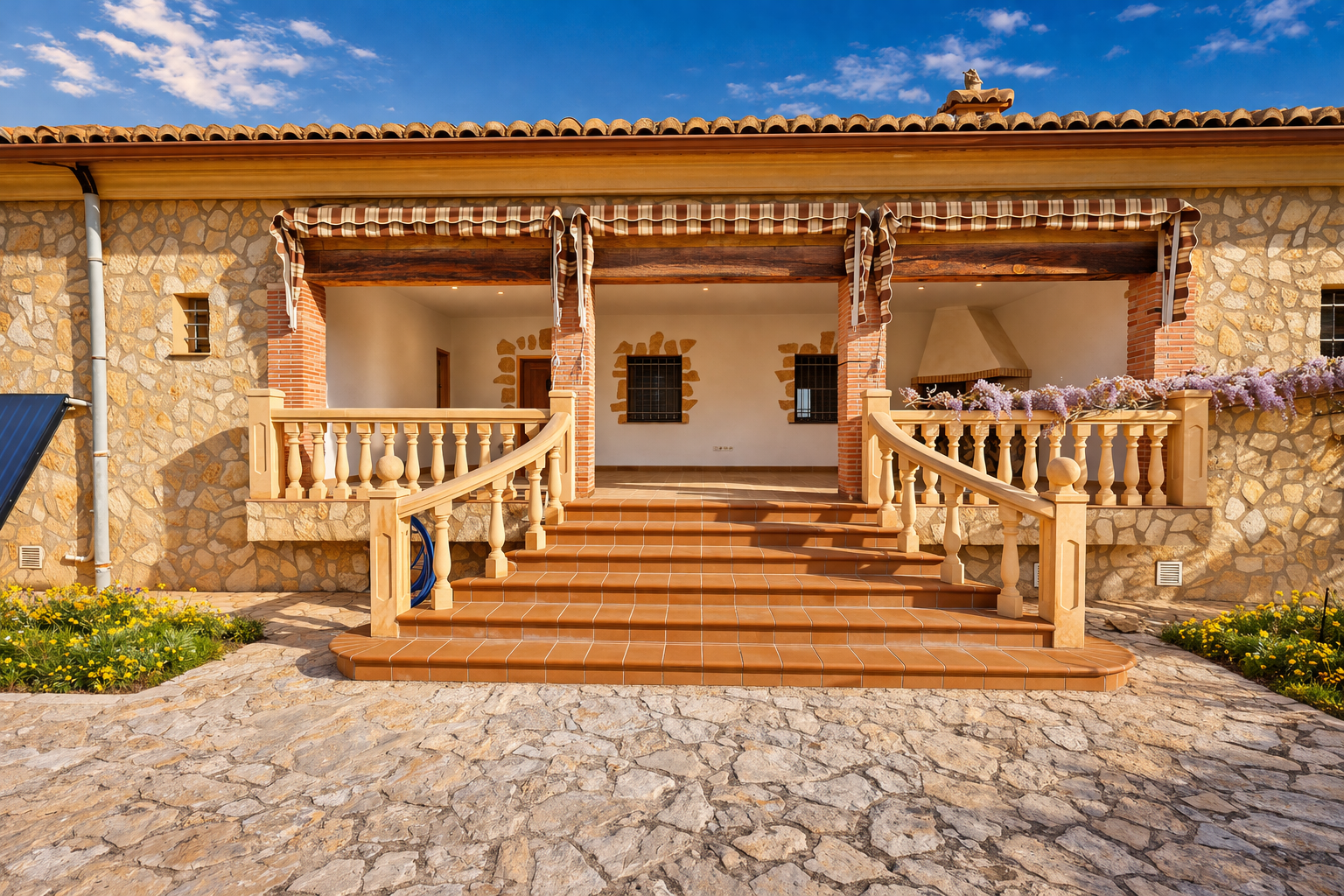 Main entrance featuring a spacious naya with terracotta flooring, natural stone facade, and a classic balustrade staircase. An outdoor fireplace, wisteria, and a solar panel are visible.