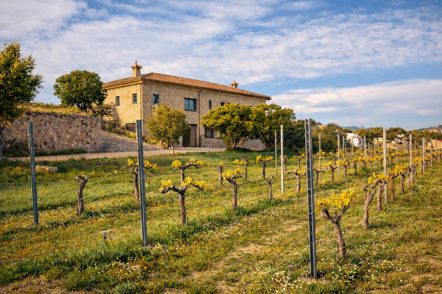 Stone-clad rustic finca with a tiled roof, framed by a vineyard displaying young yellow leaves and wildflowers under a blue sky.