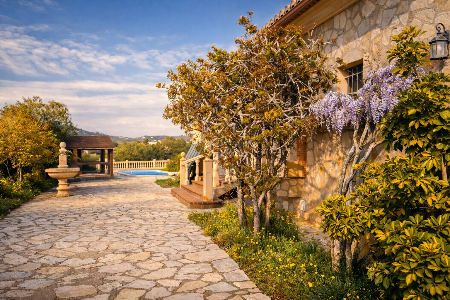 Stone facade of the finca with blooming wisteria. A flagstone path leads to the pool area and a wooden pergola, featuring a stone fountain in the garden.