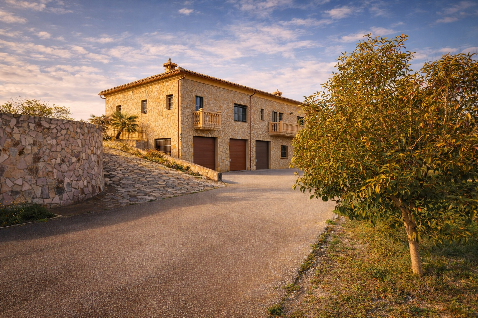 The stone-clad exterior of the finca features three integrated garages and elegant balconies, accessed via a paved driveway and a curved stone wall.