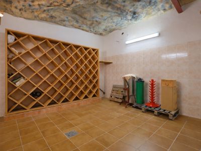Spacious cellar featuring a large wooden grid wine rack, tiled walls, and ceramic floor. A textured cave-like ceiling and functional lighting are visible.