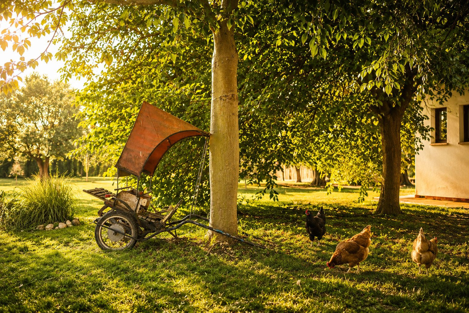 A rustic two-wheeled cart with an orange canopy rests under a tree, while three chickens graze on a sun-drenched lawn in front of a distant building.
