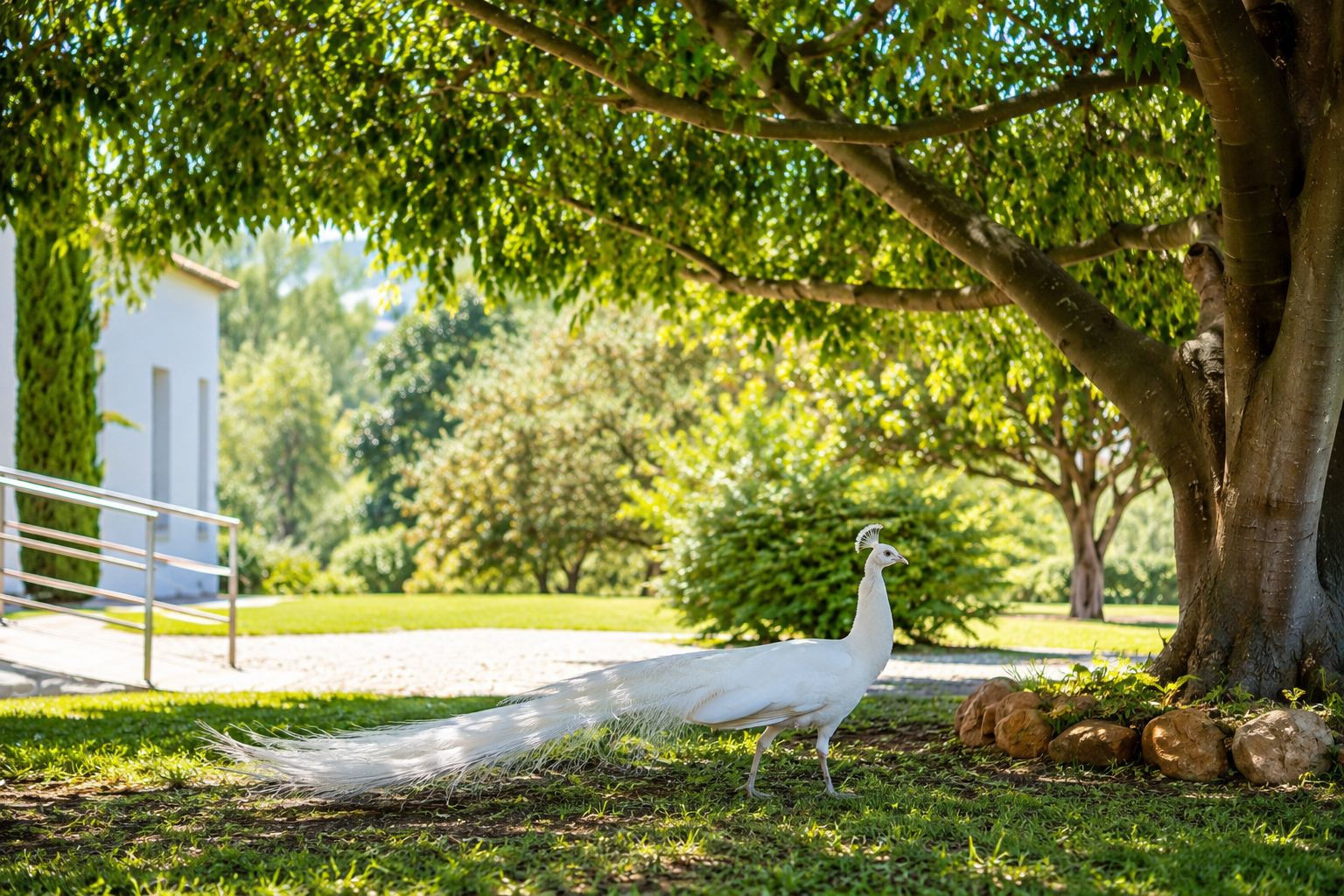 A white peacock strolls on a sun-dappled lawn beneath a large tree, with a modern white building and railing visible in the background.
