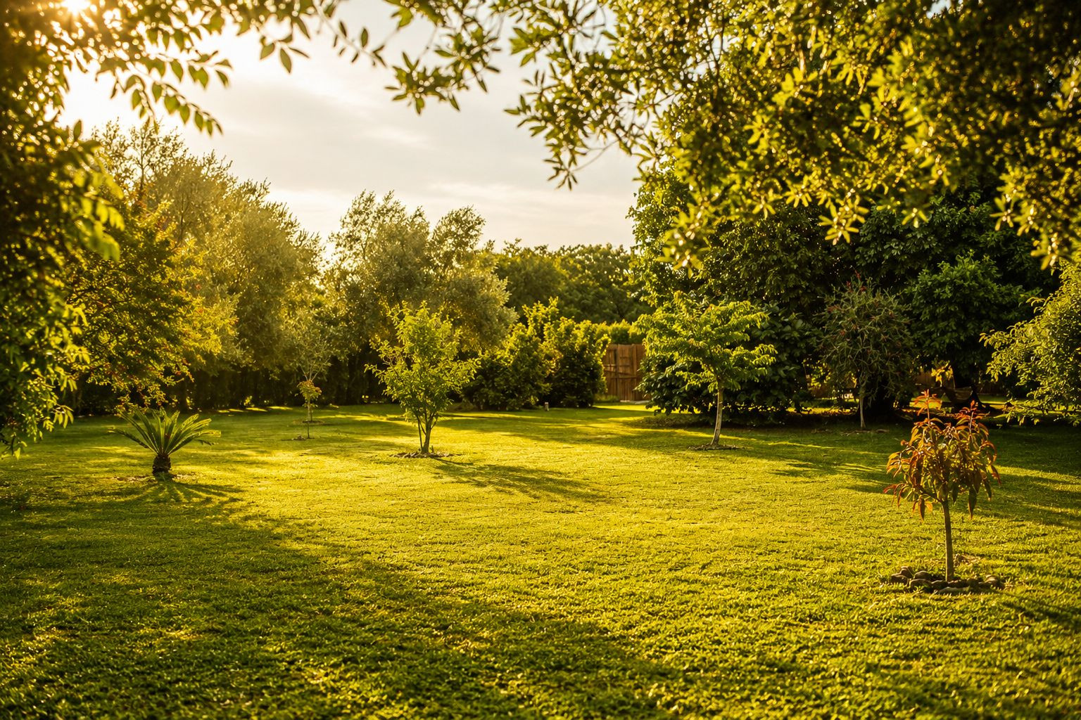 An expansive, manicured lawn bathed in golden hour sunlight, featuring a variety of mature trees and smaller plantings. Long shadows stretch across the vibrant green grass.