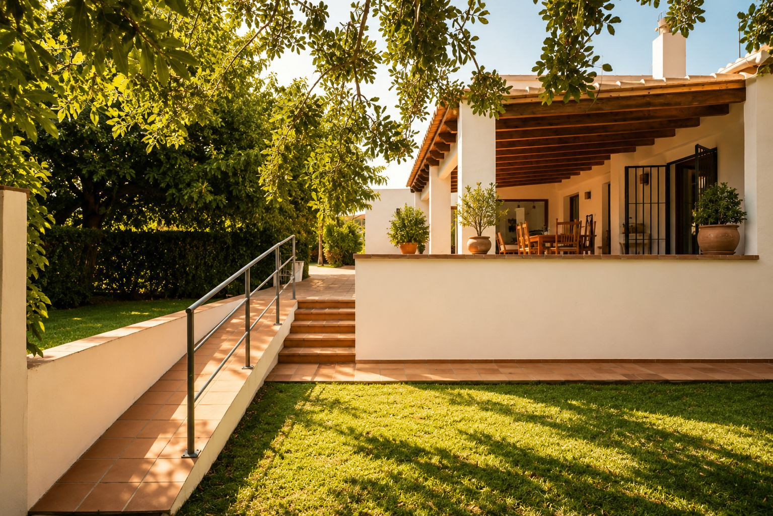 Covered naya with exposed wooden beams and an outdoor dining area, overlooking a manicured lawn and lush Mediterranean garden, accessible via tiled ramp and steps.