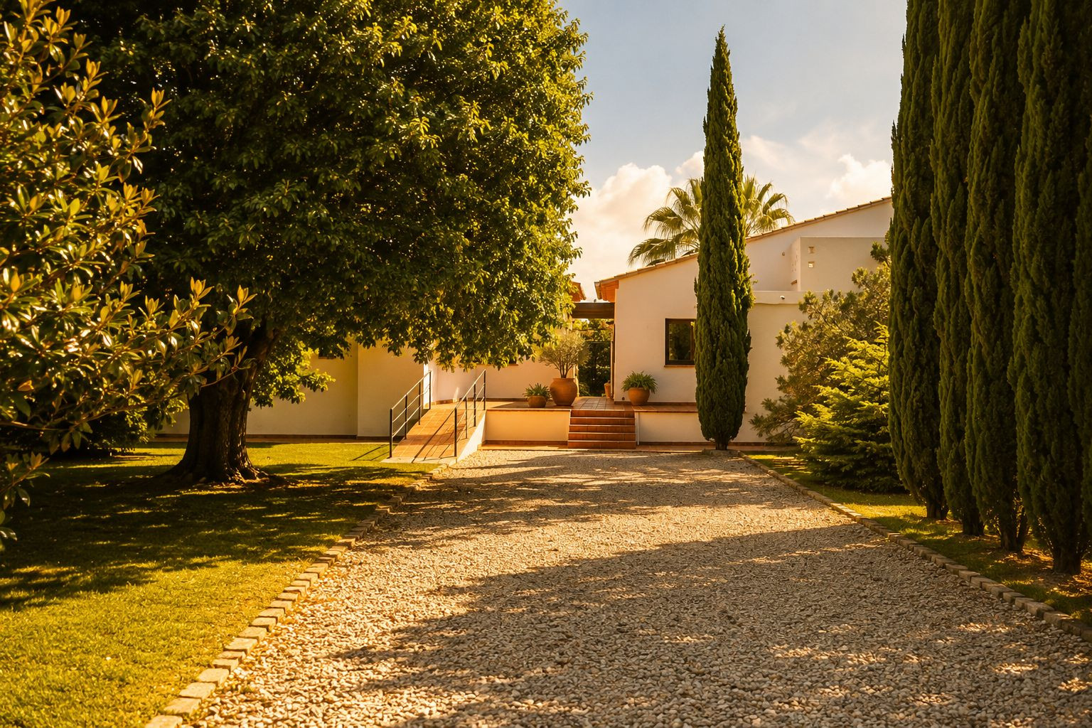 Gravel driveway leading to the white Mediterranean-style main house, flanked by a large leafy tree and a row of slender cypress trees, with terracotta steps and an access ramp.