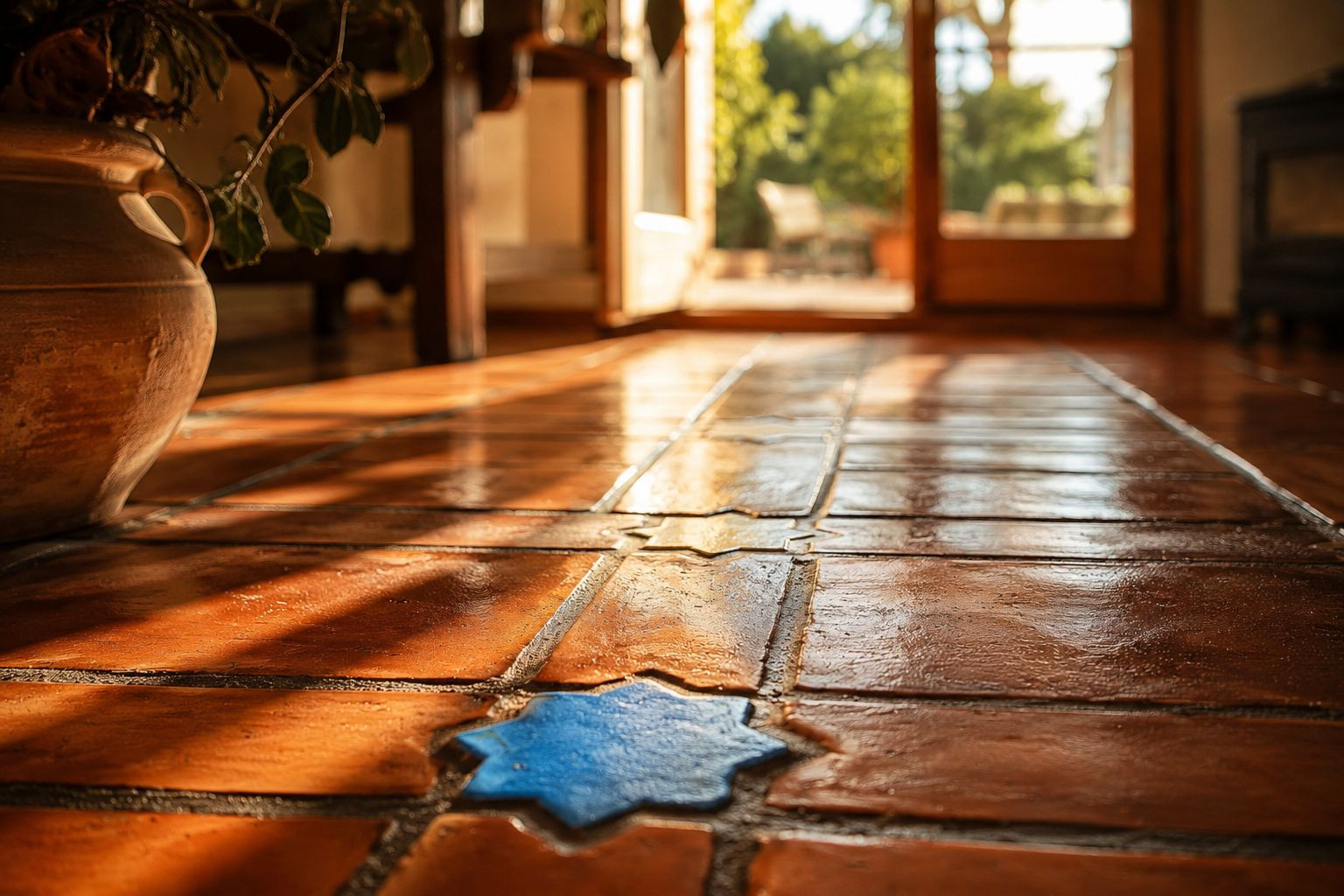 Handmade terracotta floor tiles featuring a blue star-shaped accent, illuminated by natural light from the garden entrance.
