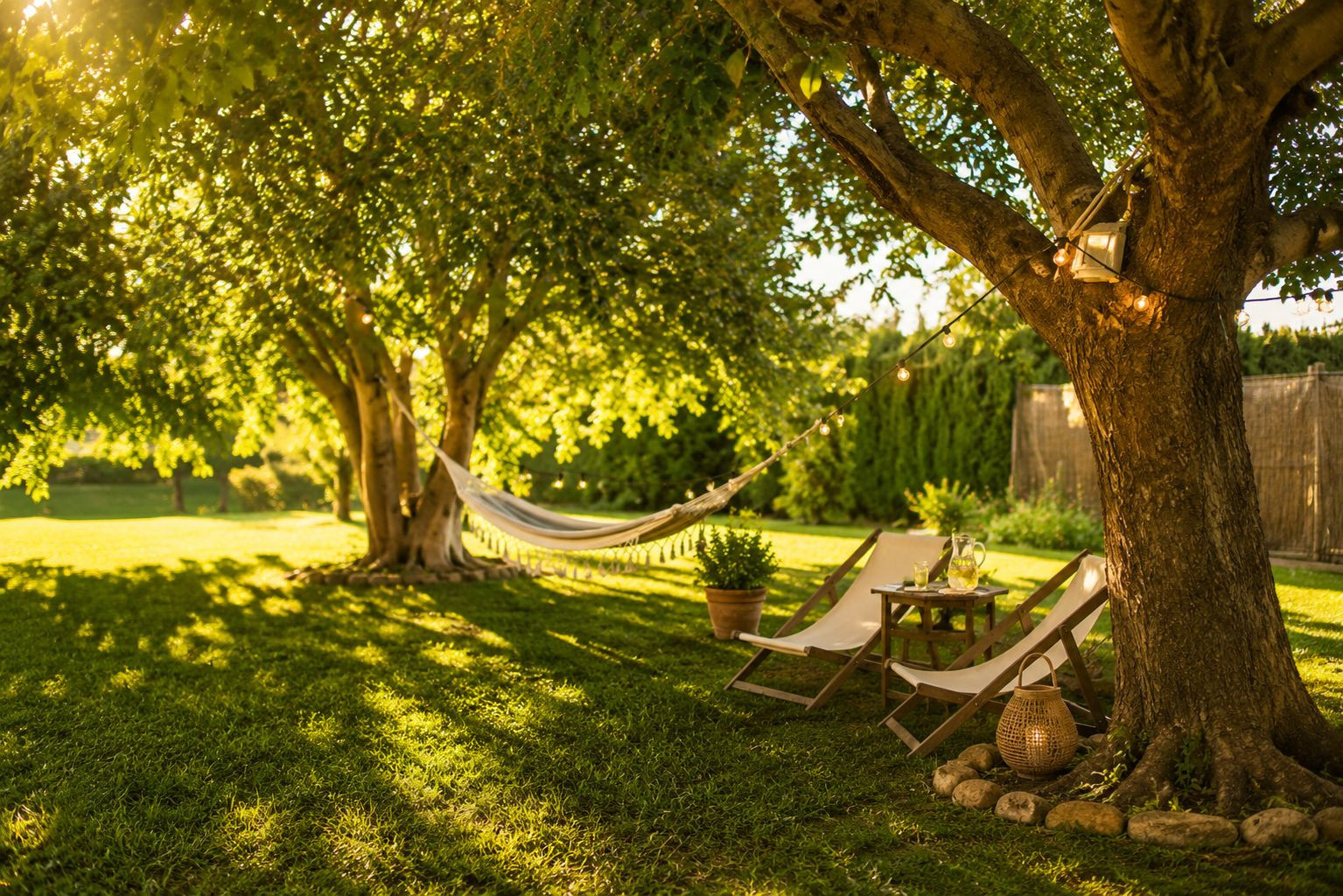 Lush garden retreat featuring mature trees, dappled sunlight, and a tranquil ambiance. A hammock, deck chairs, and a small table with refreshments offer a perfect relaxation spot.