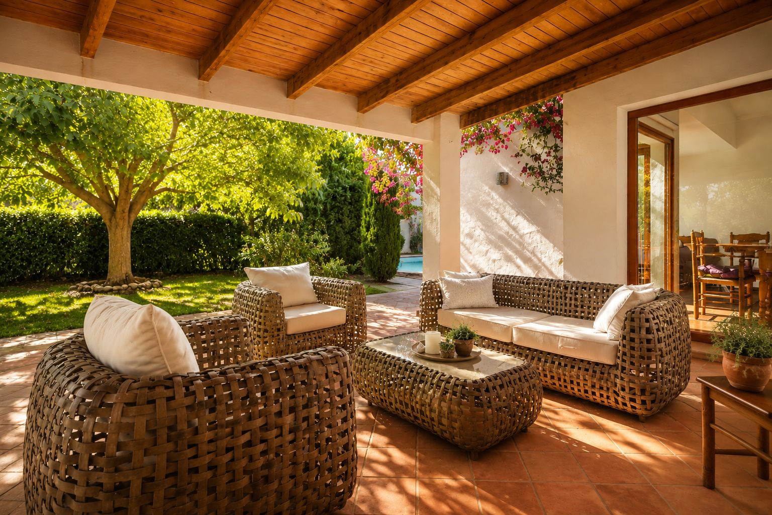 Spacious covered terrace with a wooden beamed ceiling and terracotta floor, featuring woven outdoor seating and direct access to the lush garden and pool area.
