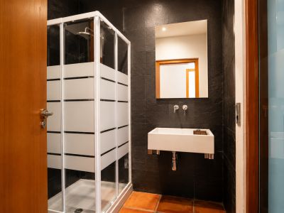 Bathroom featuring an enclosed shower with frosted stripes, a wall-mounted rectangular basin, and dark textured wall tiles. Terracotta floor tiles complete the space.