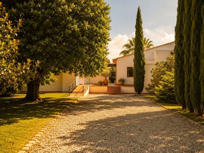 Gravel driveway leading to the white Mediterranean-style main house, flanked by a large leafy tree and a row of slender cypress trees, with terracotta steps and an access ramp.