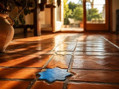 Handmade terracotta floor tiles featuring a blue star-shaped accent, illuminated by natural light from the garden entrance.