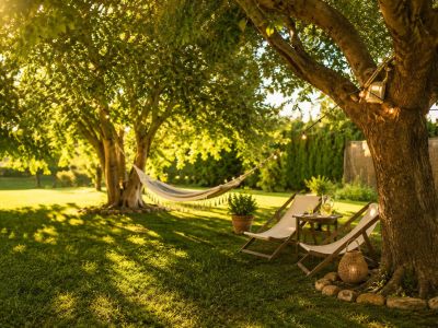 Lush garden retreat featuring mature trees, dappled sunlight, and a tranquil ambiance. A hammock, deck chairs, and a small table with refreshments offer a perfect relaxation spot.