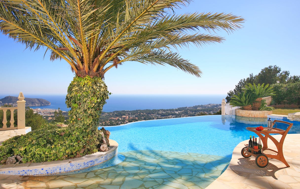 Infinity pool offering panoramic sea and coastal views, featuring an ivy-covered palm tree and a wooden bar cart on the stone sun terrace.