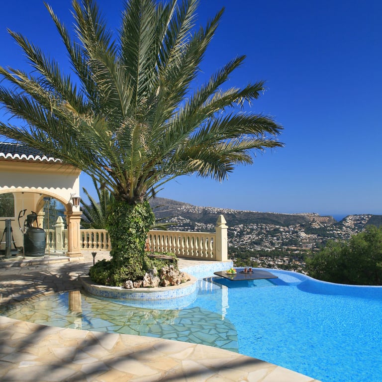 Infinity-style pool featuring a palm tree island and an integrated table, with panoramic coastal and mountain views under a clear sky.