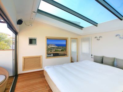 Bedroom featuring a large glass skylight and warm wooden flooring. A sliding glass door opens to a private terrace with a wicker chair, while a built-in TV displays coastal views.