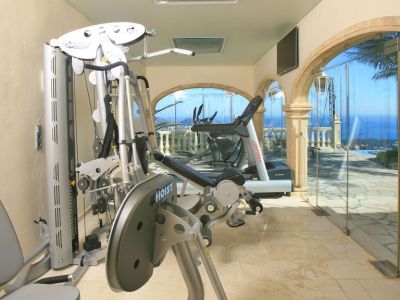 This private gym features Hoist and Life Fitness equipment, marble flooring, and arched glass walls offering panoramic sea and pool views. Skylights provide natural light.