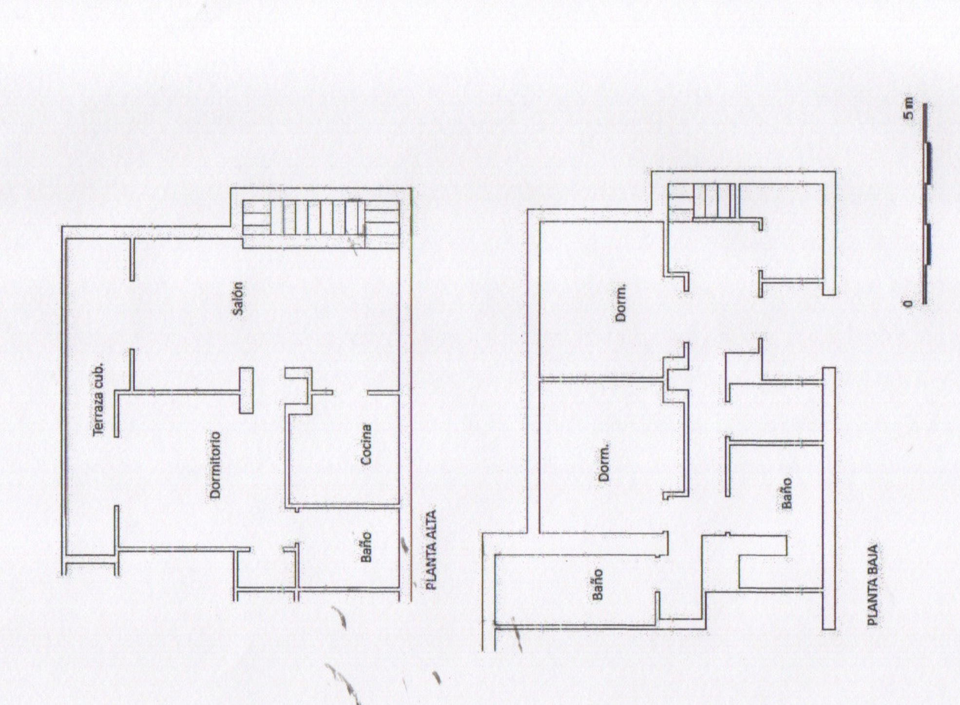 Detailed floor plans illustrate the villa's two levels. The upper floor includes a living room, kitchen, bedroom, and covered terrace; the lower has two bedrooms and two bathrooms. A scale bar is present.
