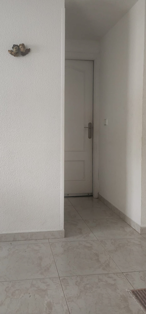 Interior hallway featuring light tiled flooring and white textured walls, leading to a paneled door, with a small decorative wall accent.