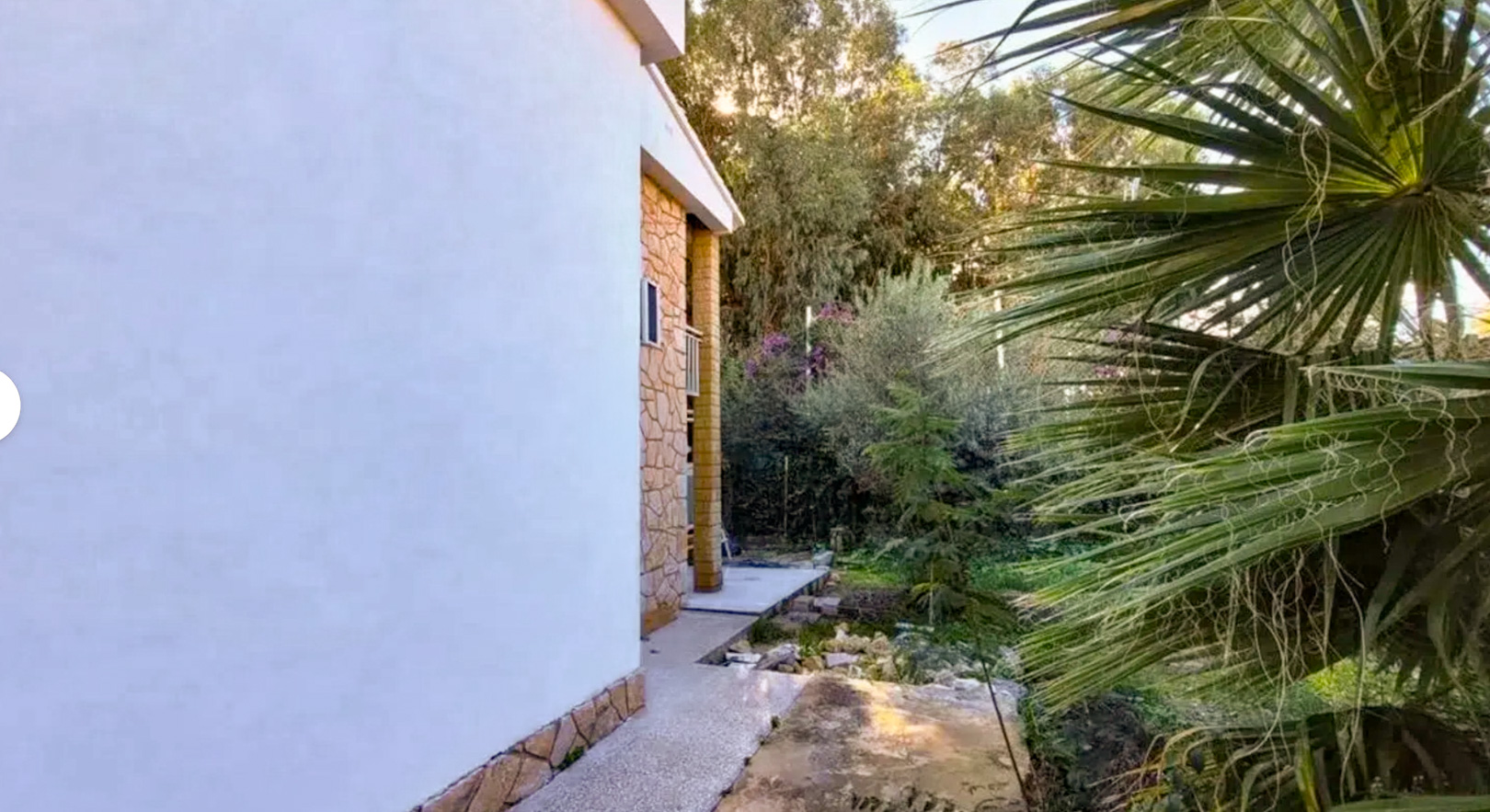 Side exterior of the villa, featuring a combination of white stucco and light stone cladding. A narrow concrete path runs alongside, bordered by lush green foliage and a prominent palm tree.
