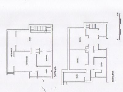 Detailed floor plans illustrate the villa's two levels. The upper floor includes a living room, kitchen, bedroom, and covered terrace; the lower has two bedrooms and two bathrooms. A scale bar is present.