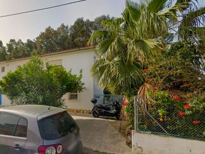 Exterior view of the villa's paved entrance, featuring a fruit-laden orange tree, a palm, and lush Mediterranean vegetation.