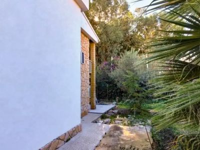 Side view of the villa featuring a white facade with a stone plinth and a concrete path. Lush garden foliage, including a prominent palm tree, borders the private exterior.